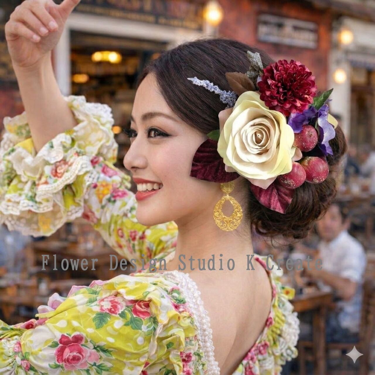 イチジクとクリームの薔薇のブーケ風フローレス フラメンコ ダンス 髪飾り 発表会 パープル 紫 バラ ブーケ ダンス 髪飾り ボルドー