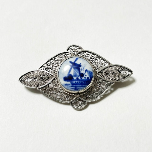 40's〜50's Vintage 835 Silver Delft Pottery Brooch Made In Holland