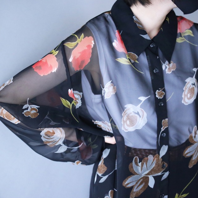 flower art pattern loose black see-through shirt