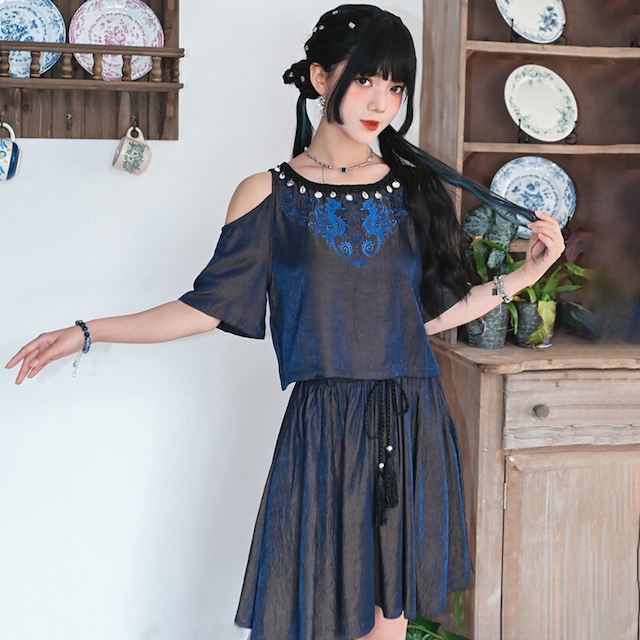 【古怪舍---海墟引シリーズ】★チャイナ風トップス★ Tシャツ 肩出し 偏光系 オリジナル 可愛い デート