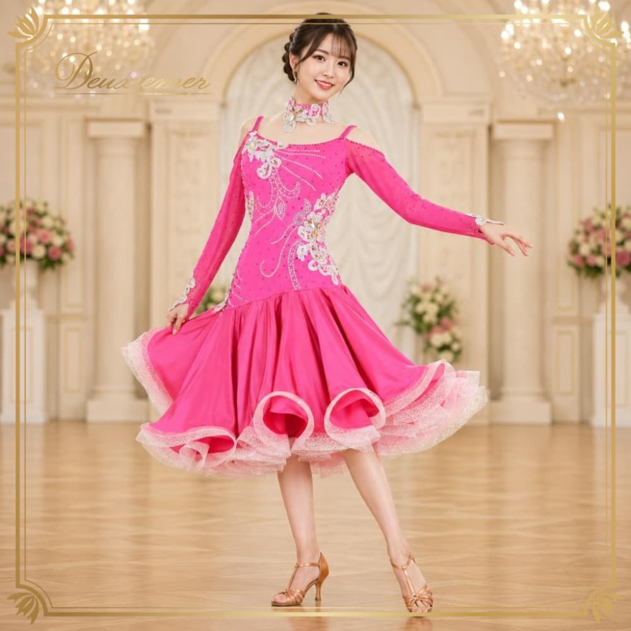 社交ダンス 衣装 forever フォーエバー ドレス ワンピース ラテン ピンク系 ホワイト系 フリル レース デモ 競技 ダンス パーティ 発表会 鮮やか かわいい 可愛い 上品 フェミニン 華やか