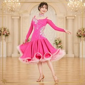 社交ダンス 衣装 forever フォーエバー ドレス ワンピース ラテン ピンク系 ホワイト系 フリル レース デモ 競技 ダンス パーティ 発表会 鮮やか かわいい 可愛い 上品 フェミニン 華やか