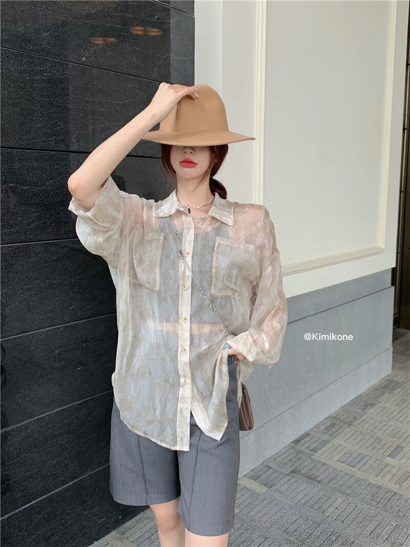 シャツ ルーズホワイトジャケット サマートップス ロング 夏物 ブラックストロベリース84238352670