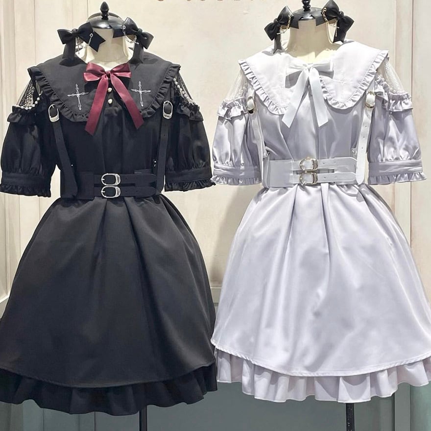 ゴスロリ セーラー風 ワンピース 半袖 オープンショルダー 刺繍 十字架