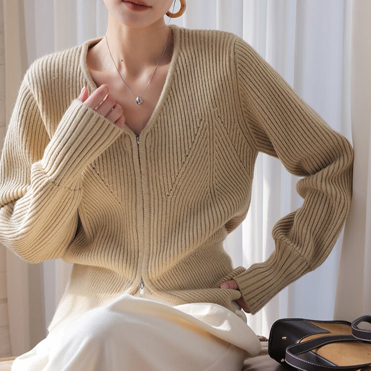 フロントジップ Vネック ニットカーディガン 2col H11128