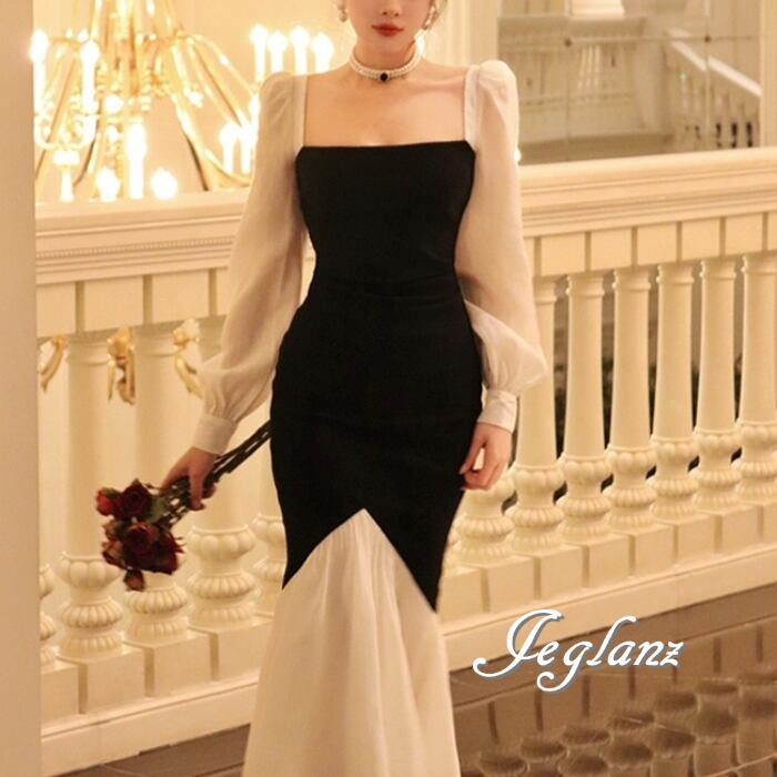 パーティ ドレス ワンピース 切替 ニット スクエア 配色 マーメイドライン( M5995)ζ