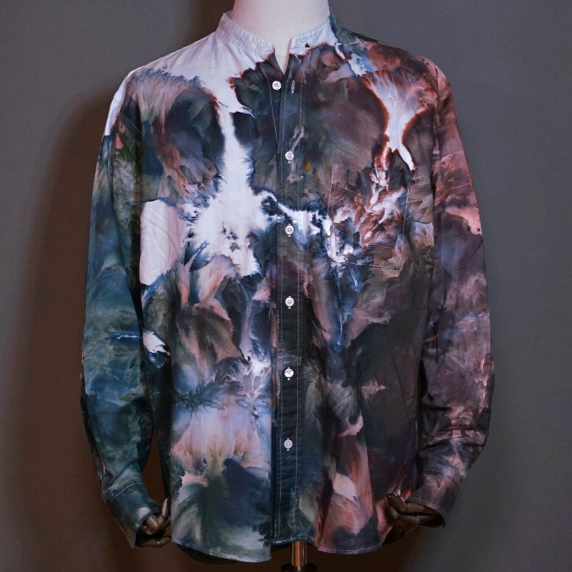 タイダイ染め 襟なしシャツ 長袖 - XLサイズ【オーロラ模様】