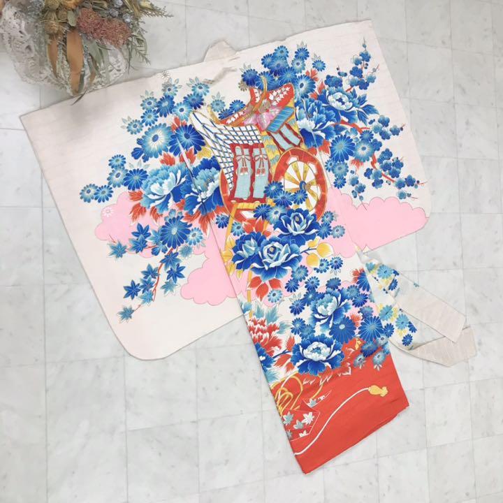 CK アンティーク子供着物 七五三 女児用 鮮やかな青の花に金の刺繍