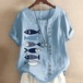 シャツ 半袖Tシャツ レディース 大きいサイズ ルーズ コットン リネン 半袖 ラウンドネック ボタン 魚 フィッシュ プリント ブルー ホワイト パープル オレンジ 夏 カジュアル 大人可愛い