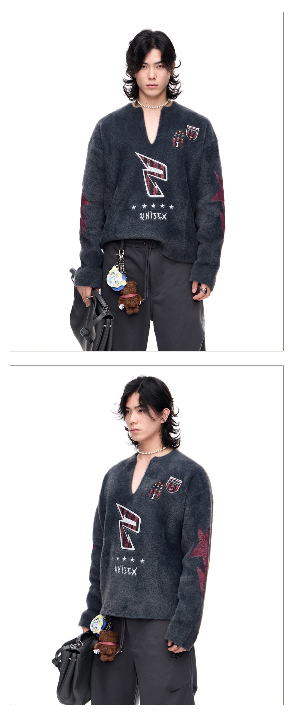PEOPLESTYLE シャギーニットセーターVネックロゴ入り男女兼用 PEOPLESTYLE シャギーニットセーター Vネック ロゴ入り ルーズ