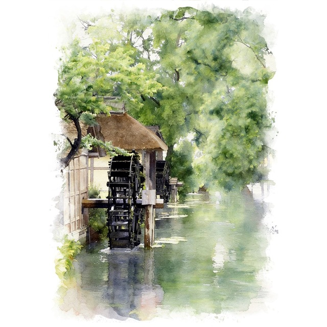 絵画 日本 風景画(街並み)長野県 安曇野 大王わさび農場 インテリアアート額付き 水彩画・油絵調 WAT0188