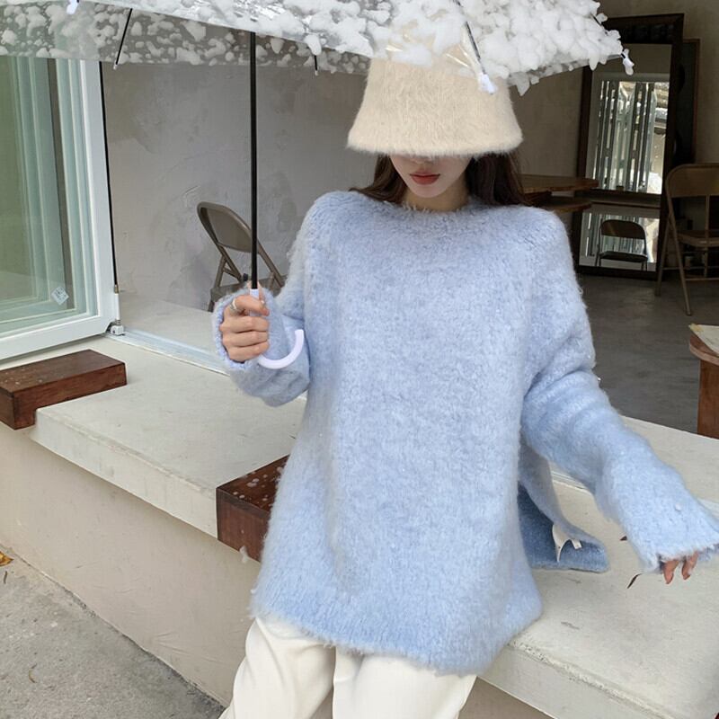 ブルーセーター ルーズカジュアルトップス ロング オータム 秋物 ウィンター 冬物 ガールズファッション95905336813