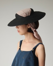 【Joëlle】Cotton silk ribbon wide brim capeline / Black × Pink
