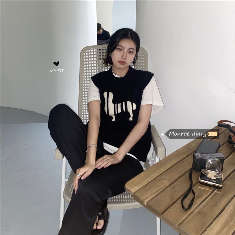 スタイルスタンダードブラックニットセーター スプリングオータム薄手ノースリーブトップス レトロ 春物 秋物 モンロー28334709976