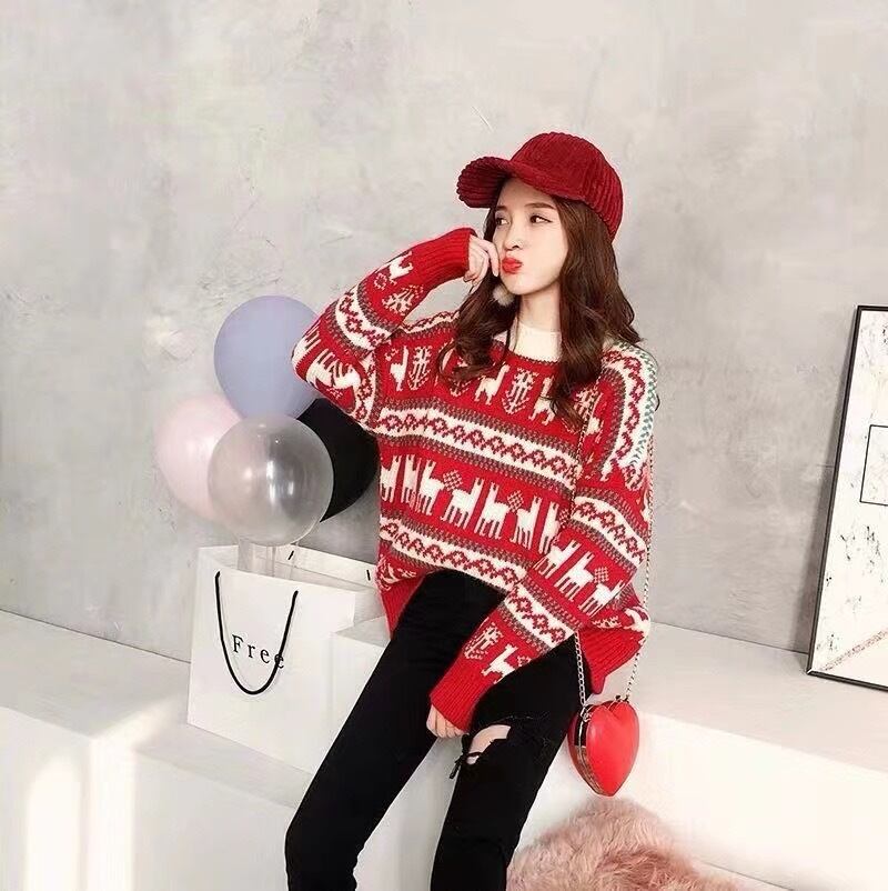 ラウンドネック柄セーター