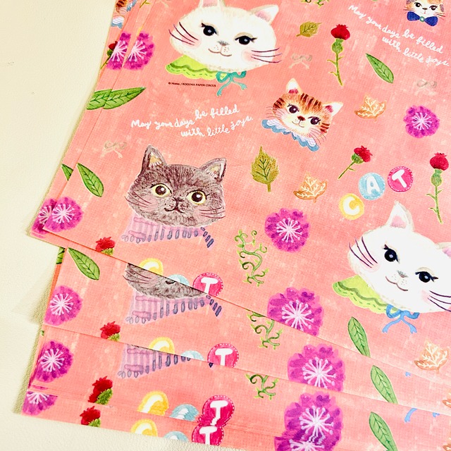 【包装紙：5枚set】猫のおしゃべり会議（Salmon Pink）