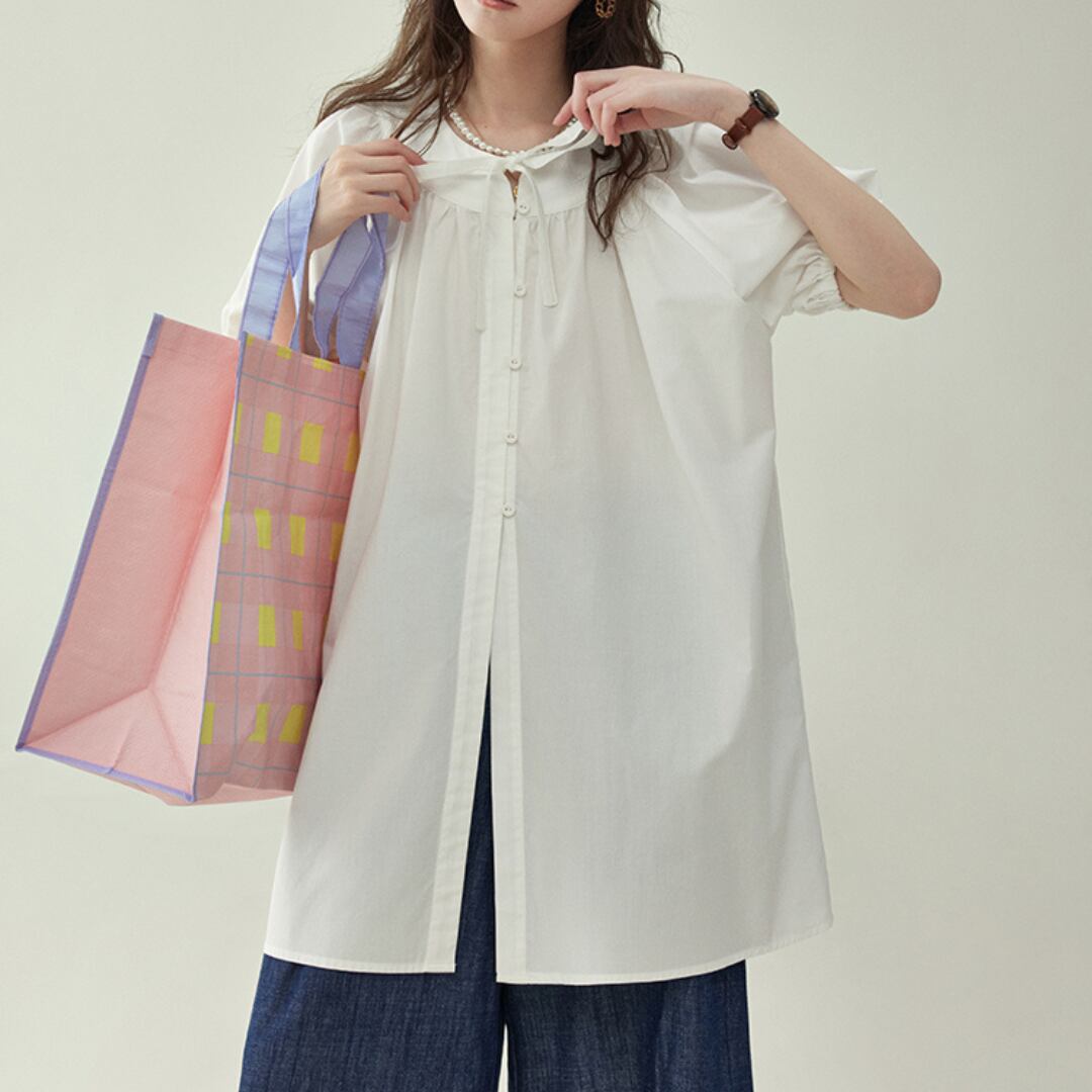 ribbon puff sleeve long blouse