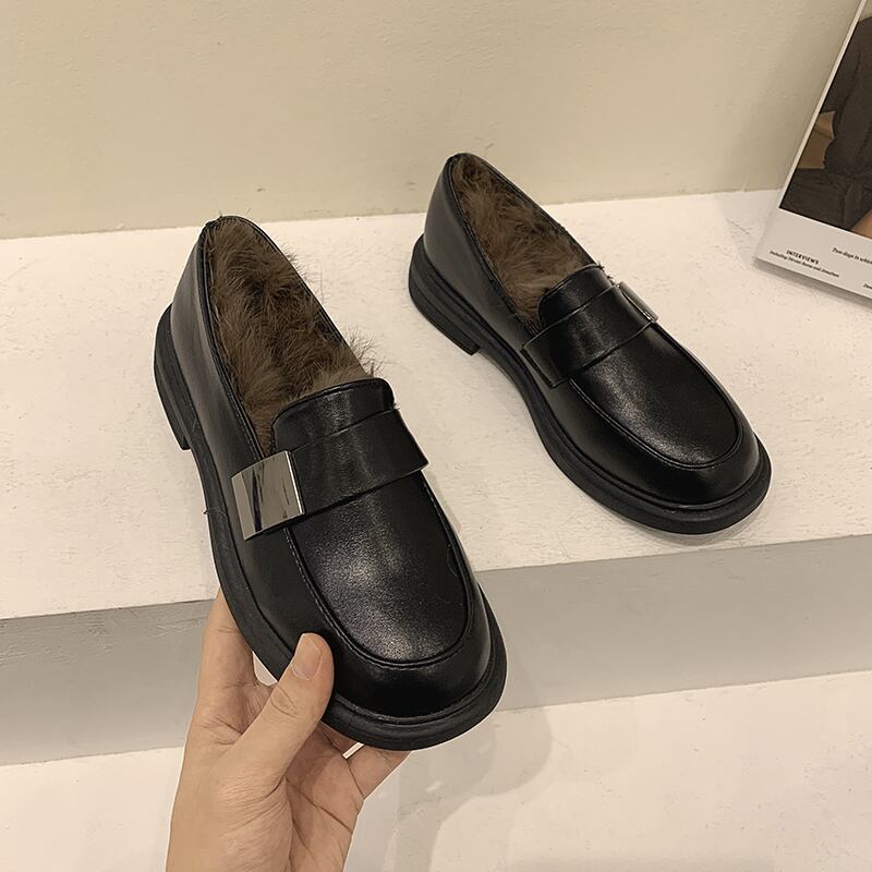 スタイルスプリングレザーブラックセット シングル 靴 シューズ ローファー 春物 ラウンドトー フェイクシューズ6783268548