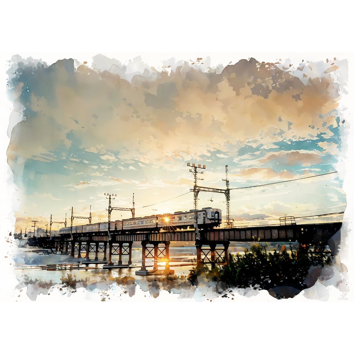 絵画(風景画) 日本 大阪府 南海高野線 大和川橋梁の夕日 インテリア