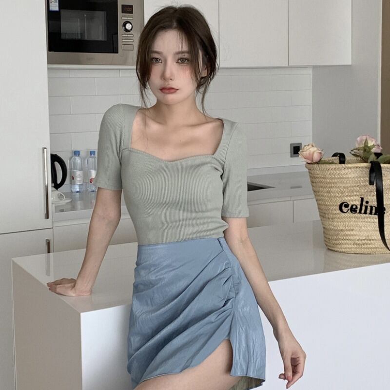 サマースリムTシャツ ハイウェストウェストプリーツスカート レディース 夏物 スクウェア YY-ファッション59497056854