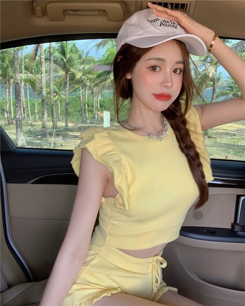 ノースリーブTシャツ ショートレーススリムフィットイエロートップス サマー 夏物 ピュア ブラックストロベリース45810949623