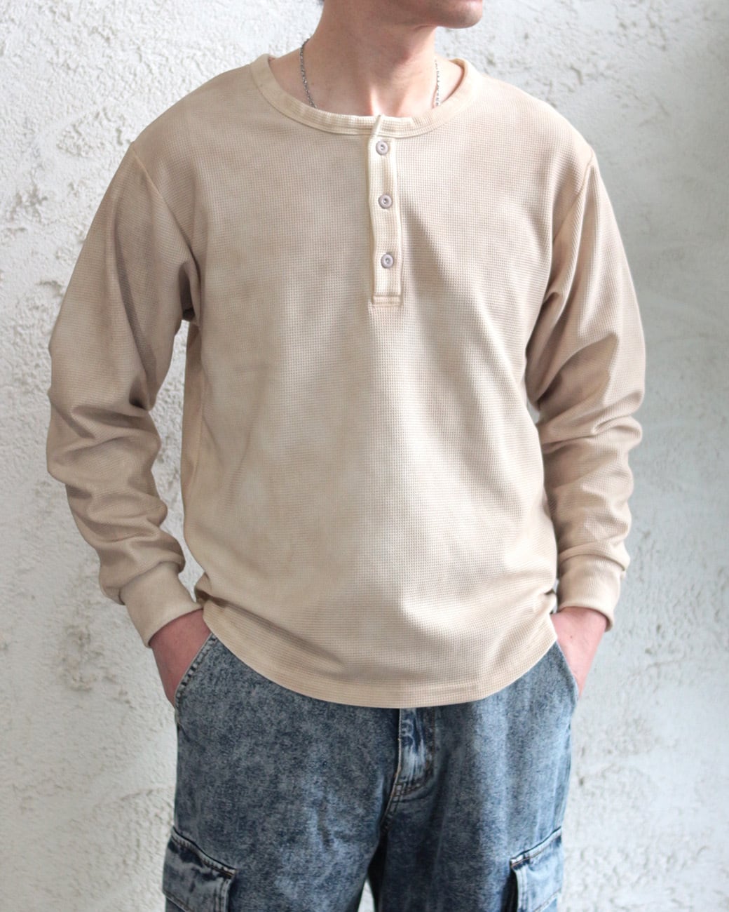 Select】ワッフル編み ヘンリーネック ビンテージ加工 長袖Tシャツ
