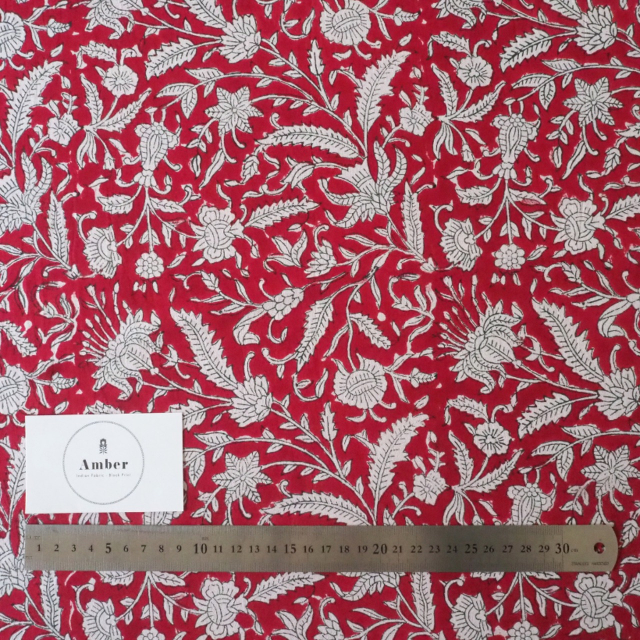 ブロックプリント生地【50cm単位】インド綿  花柄 赤×白 #59534-RD1