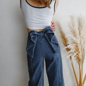 ボトムス デニム Gパン ワイドパンツ デニムパンツ リボン バックリボン カジュアル 大人可愛い シンプル レディース