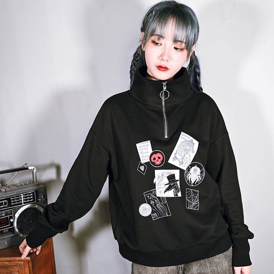 サブカル 服 地雷系 通販 チャイナ風服 チャイナ風服 古怪舎 ニット セーター 怪物CLUB タートルネック ZIPアップ 怪物柄 サブカル服 普段着 闇かわいい 系