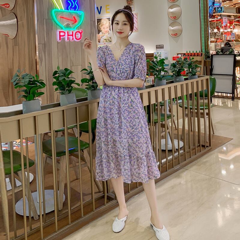 【新作】【送料無料】 マタニティウェア2020夏の新しいファッションフローラルシフォンVネックドレス小さな新鮮なミドル丈のマタニティドレス-アリババ サマー 夏物 花柄 expec245095496699