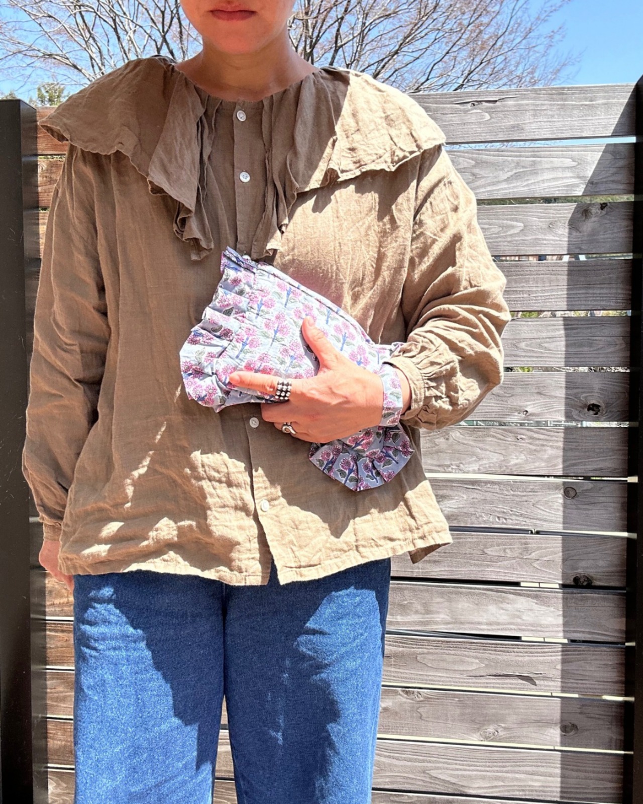 furifuri_bag ＼ほほえみポーチ／ 水色ときいろ　ブロックプリントキルティング　バッグ