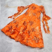 社交ダンス 衣装 ワンピース ドレス オレンジ系 レース ラメ 橙 鮮やか キラキラ 華やか ダンス衣装 イベント ステージ スタンダード 濃い パーティー ダンスパーティー ふんわり かわいい