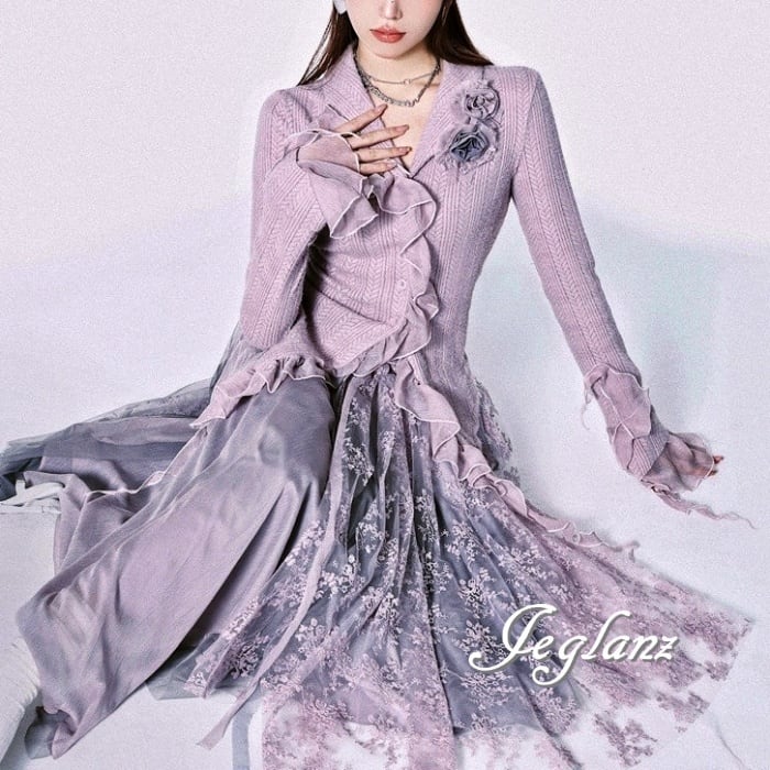 セットアップ 2点 ニット 襟付き カーディガン チュールスカート(M9179)ιλ