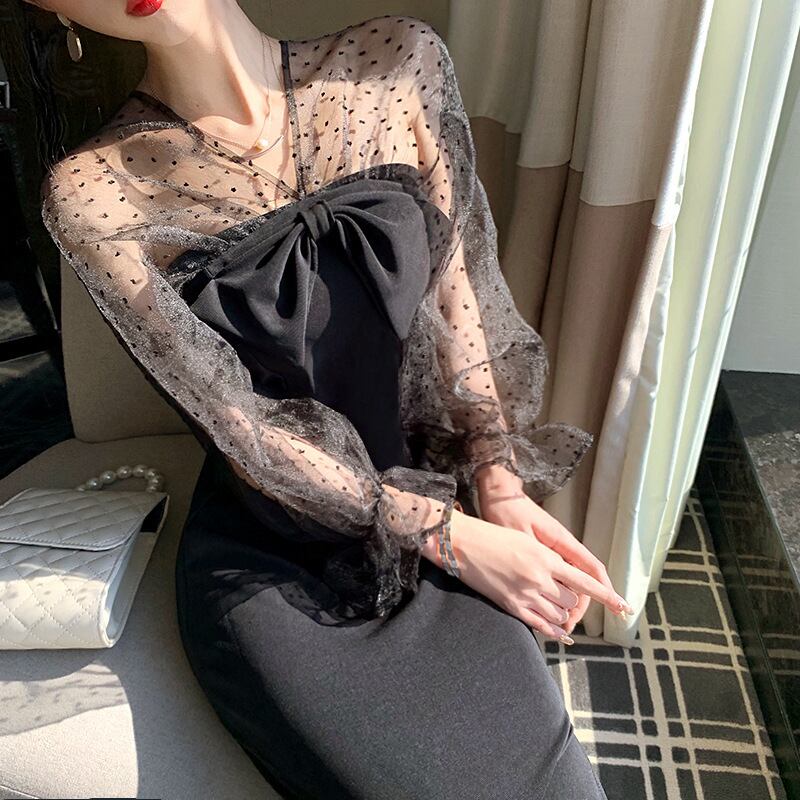 膝丈ドレス 新作 着痩せ 高見え 透け感 YT2-LQE333H303