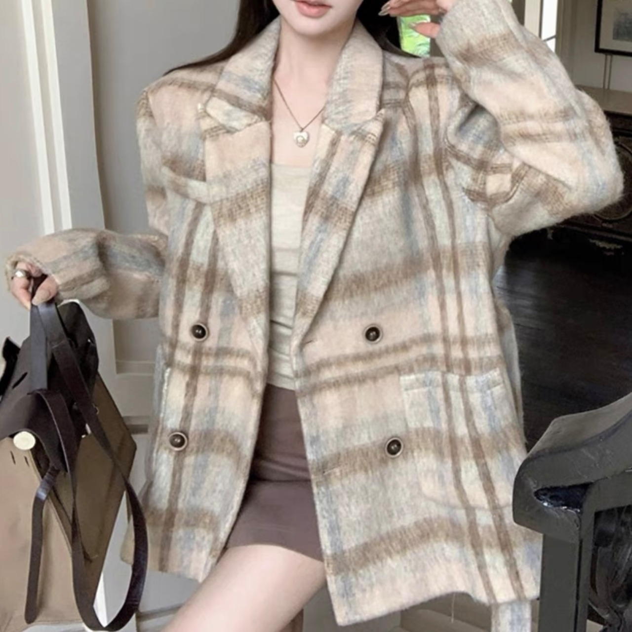 チェック柄コート