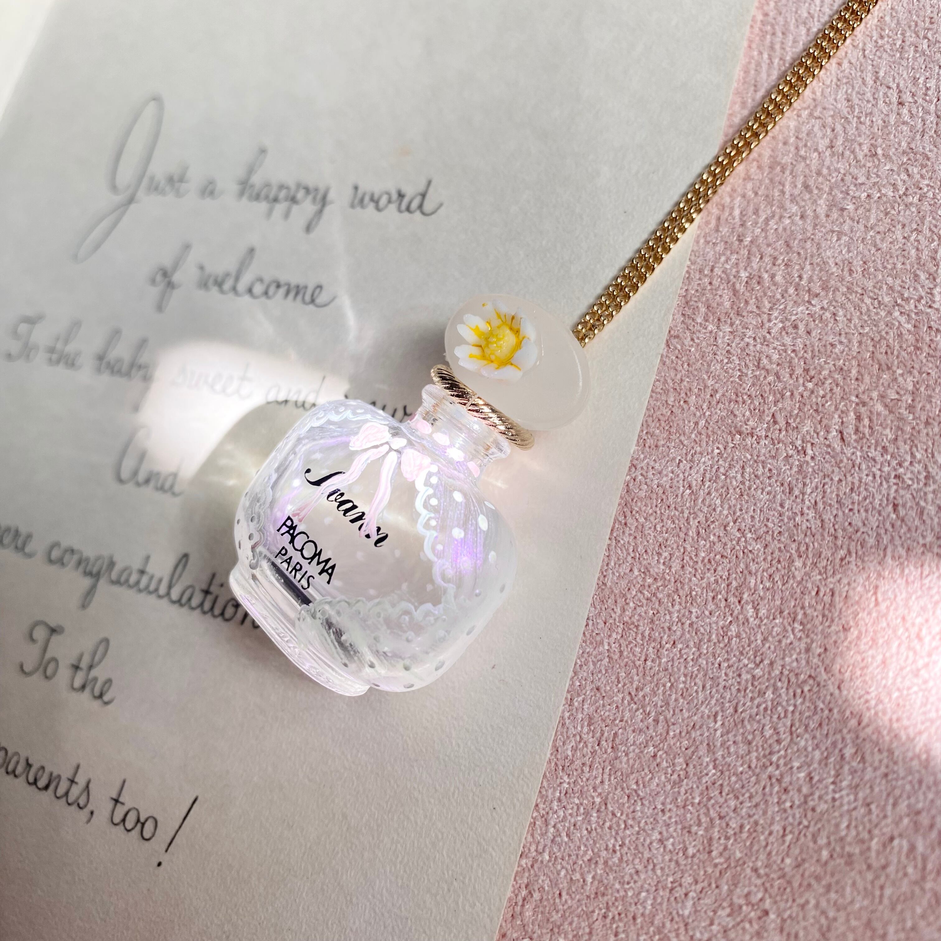 (レースリボン)Hand painted perfume neckless ペイント香水瓶ネックレス