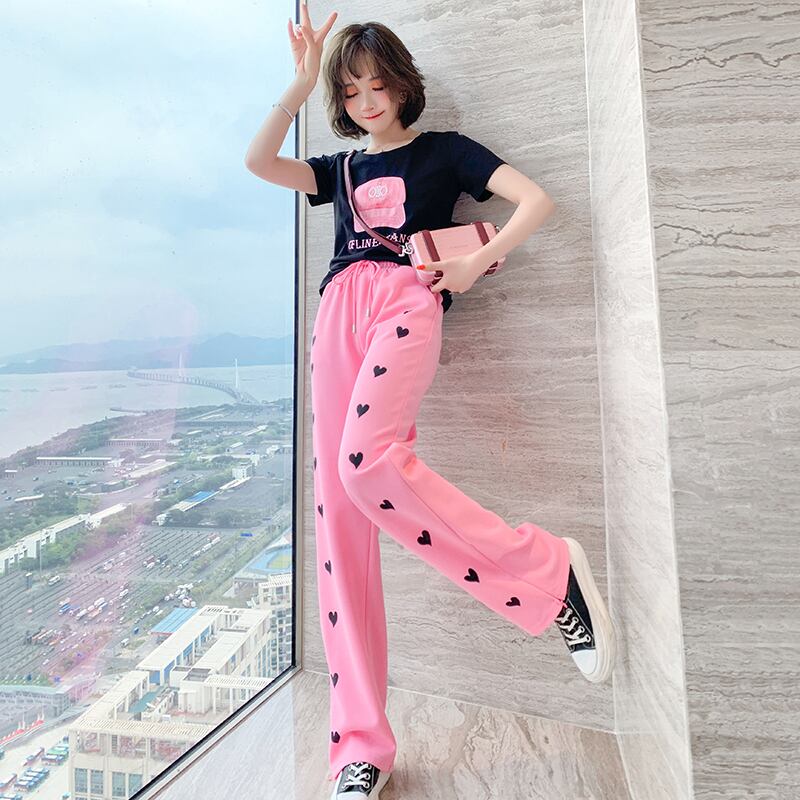 刺繍ラウンドネックルーズTシャツ ハイウェストパンツ スプリングサマー 帽子 春物 夏物 Oネック MIUCO52404971698