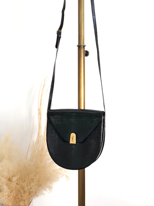 Yves Saint Laurent イヴ・サンローラン ショルダーバッグ ブラック YSL レザー リザード型押し ラウンド vintage ヴィンテージ オールド rymx2j