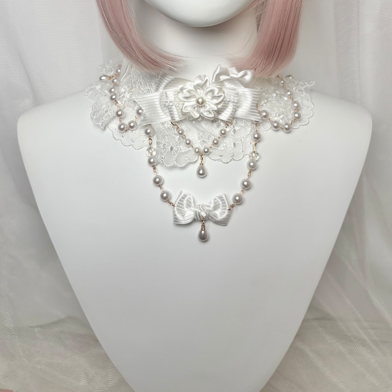 ♡ Cherry blossom  パールチェーン 桜モチーフ パステルフリルリボンチョーカー light blue ♡