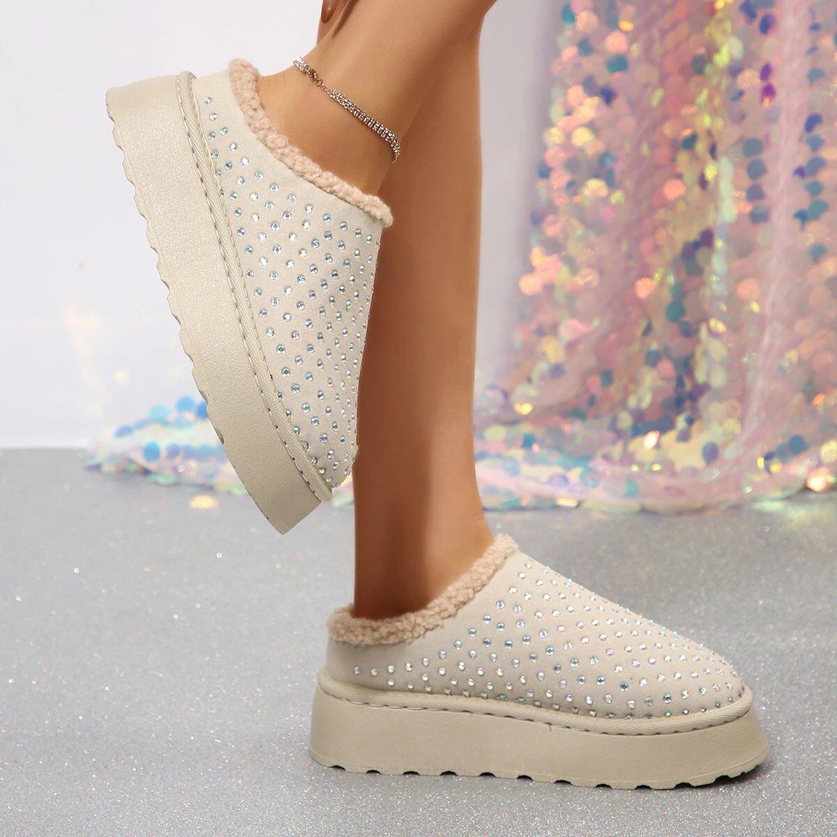 秋と冬の厚底ファッショナブルなスパンコール付きつま先スリッパ女性用新しい暖かい快適な綿スリッパ女性の靴