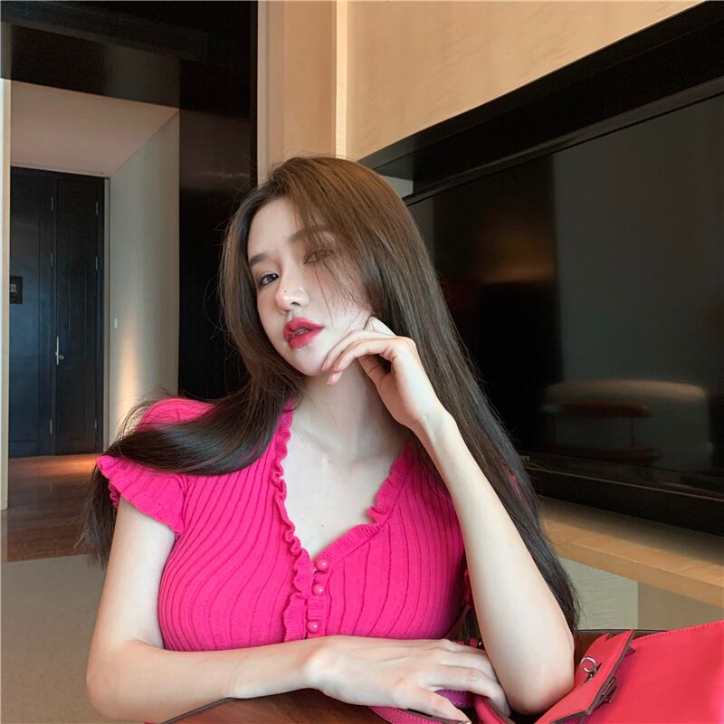 ニットセーター ショートスリムトップス スプリングカーディガンジャケット ピンク 春物 ブラックストロベリース34857347006