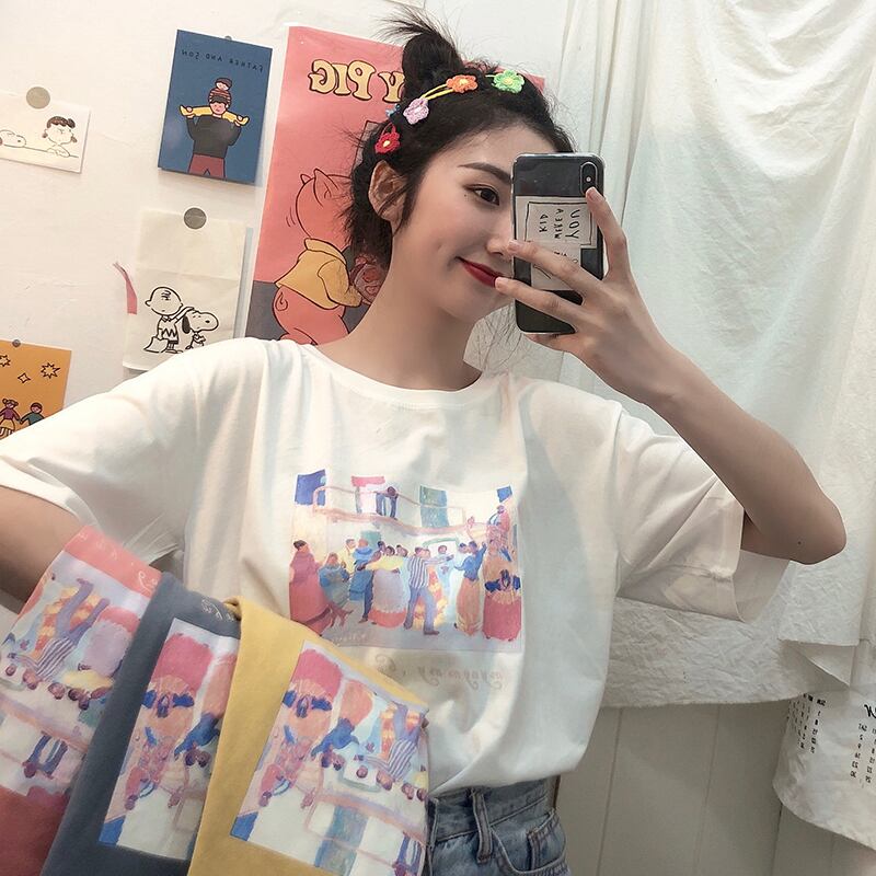 2020年春秋新バージョンの小さなフレッシュルーズ漫画プリントラウンドネックホワイト半袖Tシャツレディーストップインタイド 1号婦人49351220142