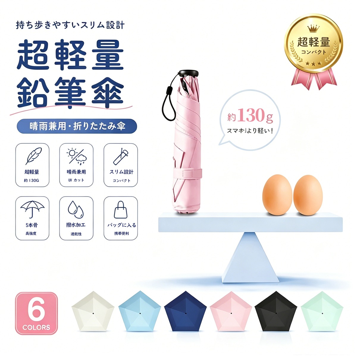 J90 .超軽量5本骨三つ折り日傘 厚手ブラックコーティング UVカット