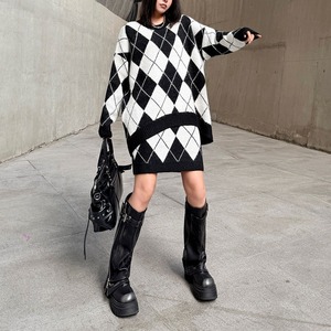 ARGYLE ROUND NECK PULLOVER KNIT & MINI SKIRT SET 2pieces 1color M-15619