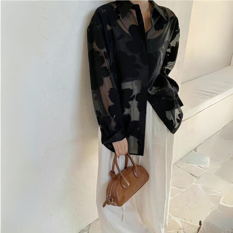 シースルーフラワーモチーフロングスリーブオーバーシャツ ◆2color 204410