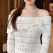 ポイントフラワー透かし編みオフショルニット ・79101