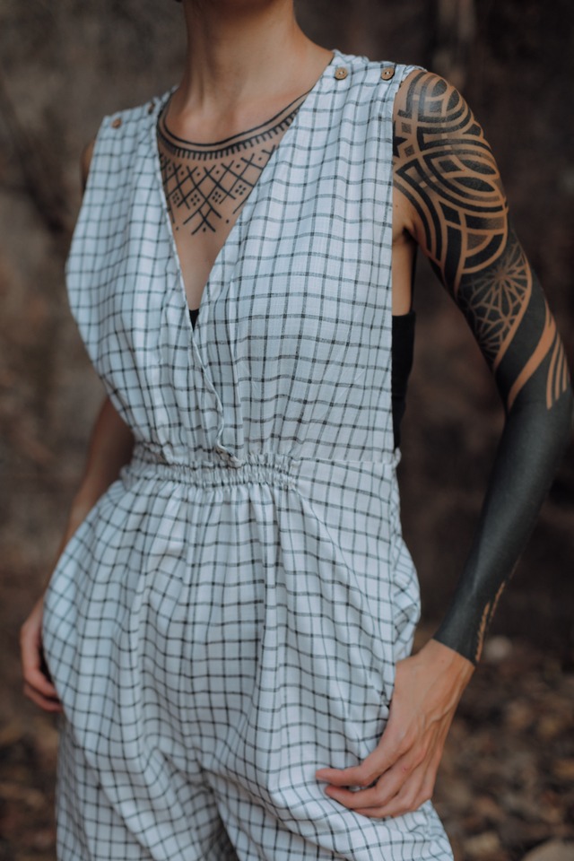 Handloom Cotton Check Jumpsuit (一点もの)