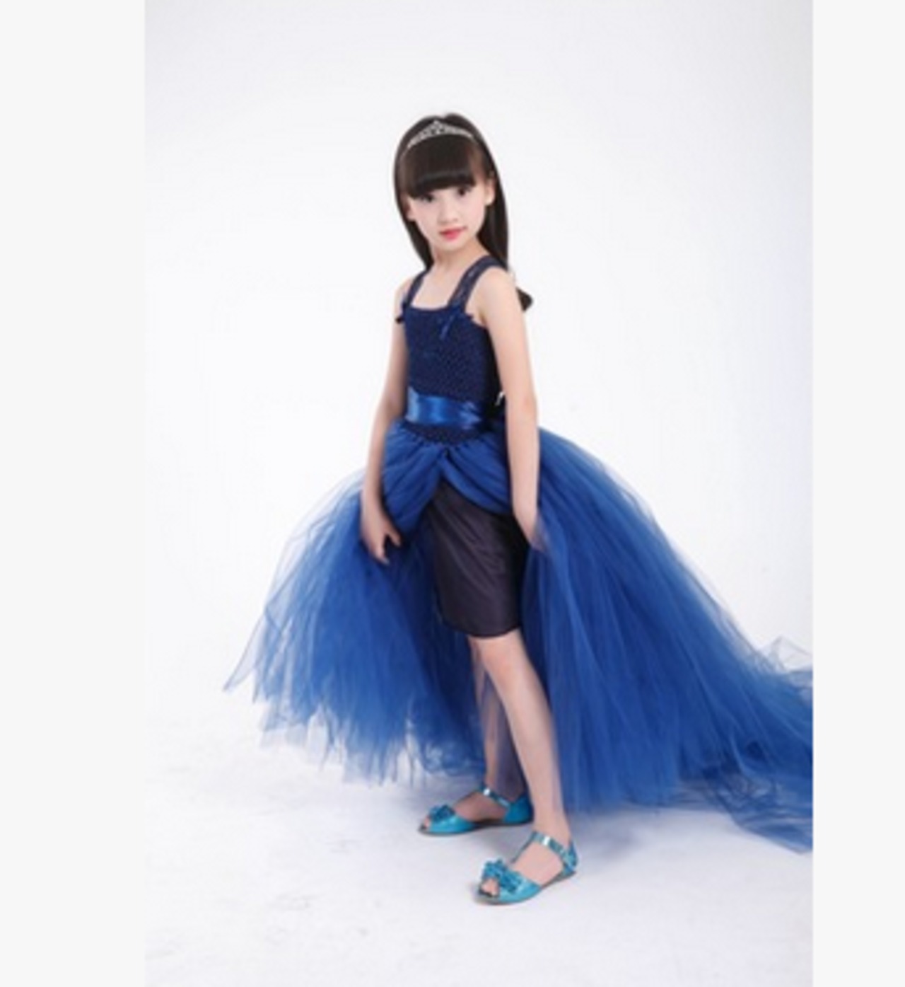 カラードレス 青/ブルー 子供 フレアスカート 舞台ドレス ピアノ演奏会  