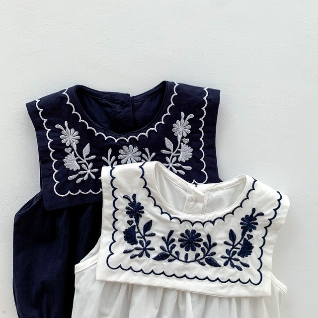 【BABY】フラワー刺繍セーラーカラーノースリーブロンパース - 18