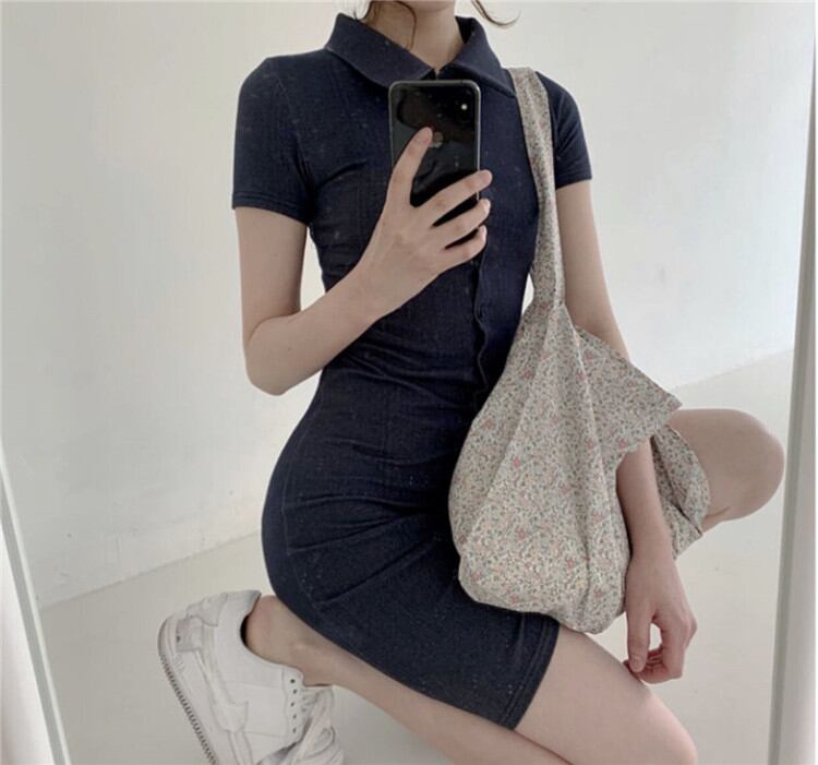 華やか新品入荷 ストレッチ ワンビース 単体ボタン ポロカラースリムフィット Aライン ミニスカート